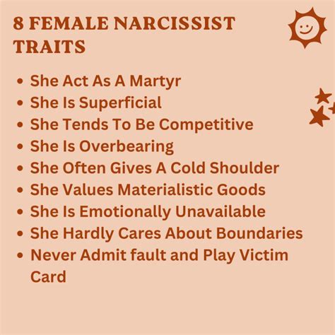 They also display attributes of glibness, feelings of high self-worth, pathological lying, proneness to boredom and emotional unavailability. . Traits of a narcissist female friend